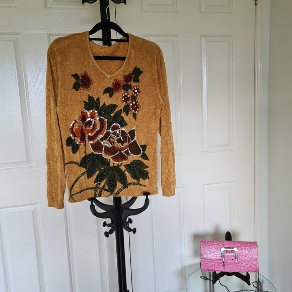 Vintage Style Stretchable S-M Yellow Brown Bodycon Maxi Floral Longsleeve Blouse - Picture 2 of 9